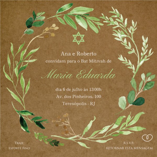 Convite Digital Bat Mitzvah Folhagem